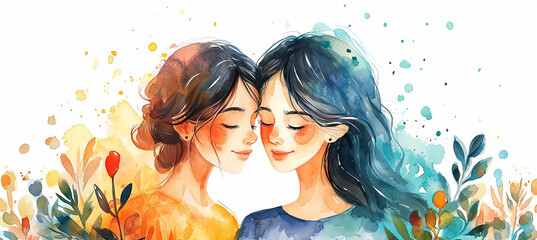 Watercolor illustration of Mom with daughter on the flowers background, concept Happy Mother's Day - obrazy, fototapety, plakaty