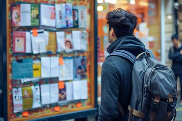 Naklejka premium student with backpack looking at notice board filled with flyers