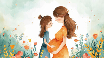 Watercolor illustration of pregrant Mom with daughter on the flowers background, concept Happy Mother's Day
