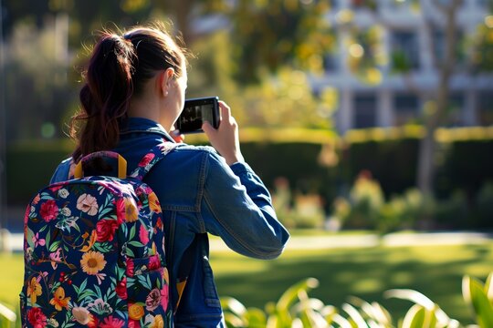 girl with a floral backpack taking photos on campus