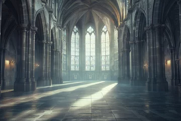 Photo sur Plexiglas Vieil immeuble Empty medieval hall with rays of sunlight through stained window glass. Middle aged cathedral interior with columns and vaulted arches