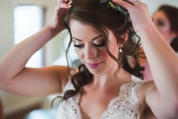 bride adjusting a bridesmaids hair wreath