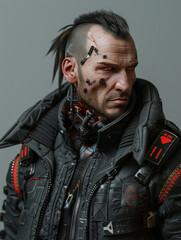 A piercing image of a brooding male with cyber enhancements, futuristic tattoos, and a detailed jacket