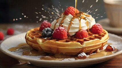 Waffles with berry fruit and caramel sauce on plate for International Waffle Day on March 25