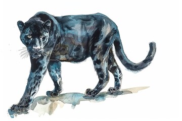 A Panther cute hand draw watercolor white background. Cute animal vocabulary for kindergarten...