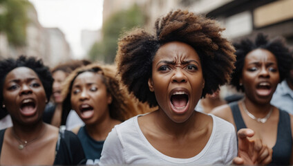 Displeased crowd of people protesting for human rights on city streets with focus is on African American woman shouting on the street march protest for women's rights. Human activism concept.