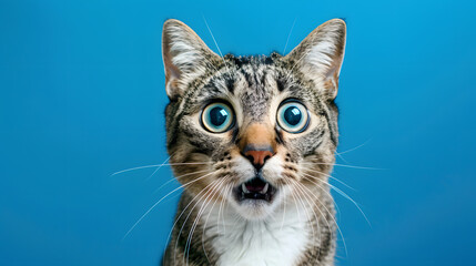 crazy surprised cat making big eyes, portraying a moment of amusing feline expression, blue background