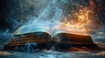 Open Magic Book. Smoke, Fire, and Light Glowing Pages. 3D Style Illustration Fantasy Stories. World Book Day Background with Copy Space for Text. Celebrating Literacy and Education Day.