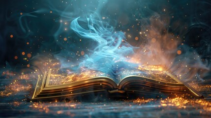 Obraz premium Open Magic Book. Smoke, Fire, and Light Glowing Pages. 3D Style Illustration Fantasy Stories. World Book Day Background with Copy Space for Text. Celebrating Literacy and Education Day.