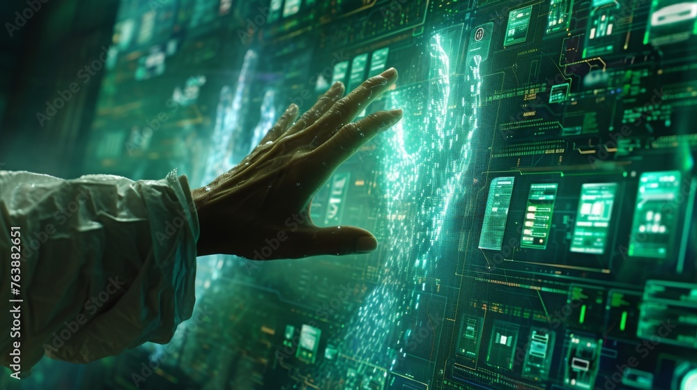 Aufkleber a hand hovers over a futuristic cybernetic interface, symbolizing the seamless blend of human intuit