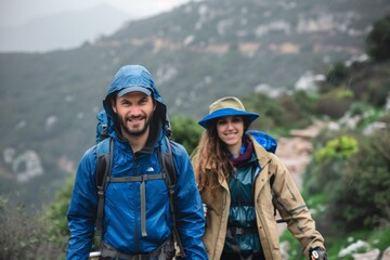 man and woman in hiking attire on a mountain path during a rain shower