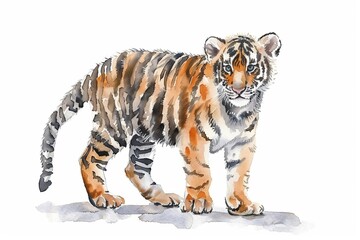 A Tiger cute hand draw watercolor white background. Cute animal vocabulary for kindergarten...