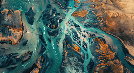 Aerial view of the surreal blue and beige patterns on rivers in Iceland, creating an abstract aerial landscape