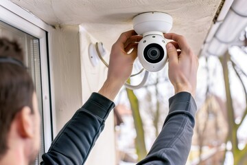 individual installing home security facial recognition camera