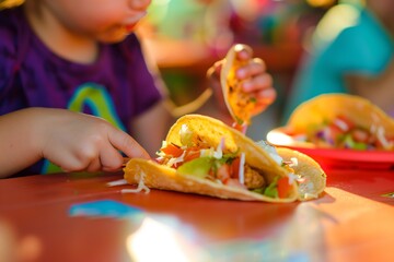 child biting into a taco at a brightly lit table - obrazy, fototapety, plakaty