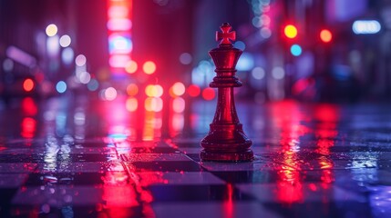 A solitary king chess piece stands on a wet urban street, bathed in the vibrant glow of neon lights reflecting off the rain-soaked pavement. The scene symbolizes solitude and contemplation amidst a