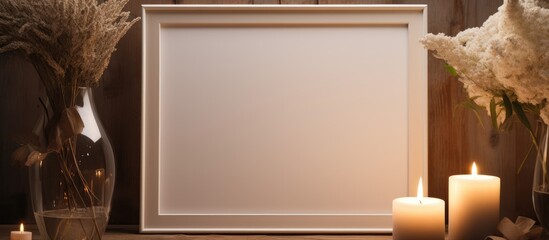 A brown rectangular wood frame holds peachcolored candles. The art display device is made of hardwood and adds a warm touch to the room