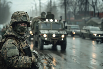 Soldiers in uniform standing in the city center. - obrazy, fototapety, plakaty