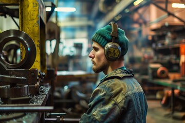 worker with earmuffs in a metalworking shop - obrazy, fototapety, plakaty