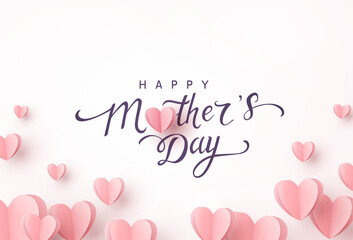 Fototapeta na wymiar Mother's day postcard with paper flying elements and calligraphy text on light pink background. Vector symbols of love in shape of heart for greeting card, cover, ad, label design