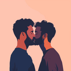 illustration of Two men kissing each other with a peach background. Scene is romantic and intimate