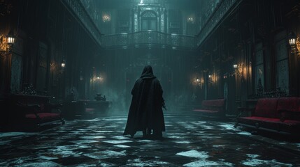 A lone cloaked figure stands at the center of a grandiose gothic hall, dimly lit and filled with an air of mystery. The hall's opulent details and the person's purposeful stance suggest a story - obrazy, fototapety, plakaty