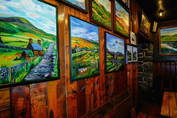 paintings of irish landscapes on the pub walls