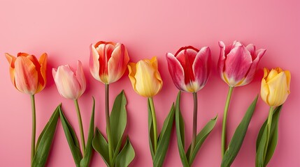Tulip Flowers on Pastel Pink Background. Ideal for Mother's Day or Women's Day, Valentine's Day, Greetings Card Decorations with Copy Space