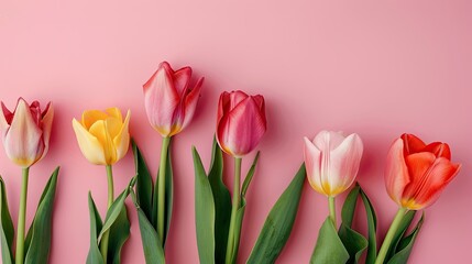 Tulip Flowers on Pastel Pink Background. Ideal for Mother's Day or Women's Day, Valentine's Day, Greetings Card Decorations with Copy Space