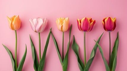 Tulip Flowers on Pastel Pink Background. Ideal for Mother's Day or Women's Day, Valentine's Day, Greetings Card Decorations with Copy Space