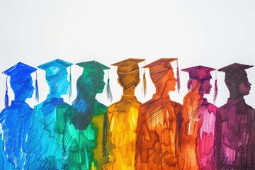 Colorful Silhouette Watercolor Illustration. Group of People in Abstract Artistic Line, Wearing Degree Graduation Gowns and Caps. Perfect for Celebrating Academic Achievements on a White Background