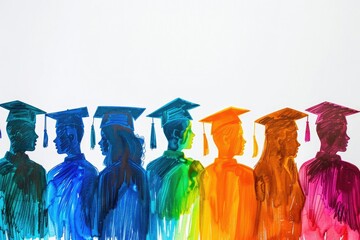 Colorful Silhouette Watercolor Illustration. Group of People in Abstract Artistic Line, Wearing Degree Graduation Gowns and Caps. Perfect for Celebrating Academic Achievements on a White Background