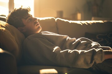 young man in sweats lying on couch, backlit with daylight - obrazy, fototapety, plakaty