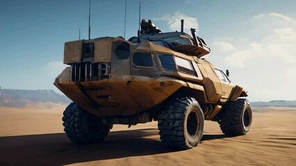 A futuristic Mars exploration rover sits parked in the middle of a desert landscape.