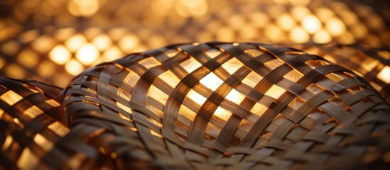 Macro photography showcasing the intricate pattern of a wicker basket made of natural fiber material. The light shining through highlights the wood texture and creates stunning tints and shades