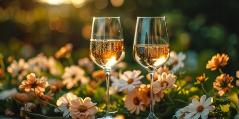 In a festive meadow, two wine glasses sparkle with champagne, celebrating romance. - obrazy, fototapety, plakaty