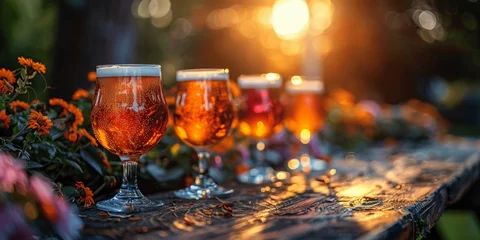 Fotobehang A sunlit garden table adorned with tulip glasses, celebrating with golden beer. © Iryna