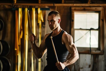 fitness man with drumstick, resistance bands hang