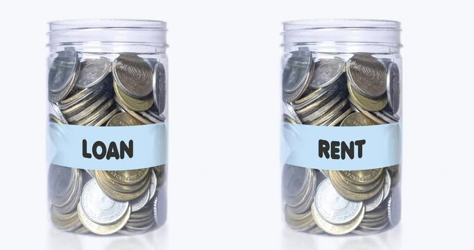 Full jars of money for savings in different life spheres, white background