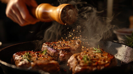 Hands season sizzling steaks in a cast iron skillet, capturing the essence of culinary art in a rustic kitchen.