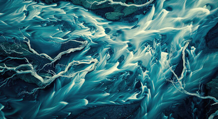 Aerial view of the surreal blue and beige patterns on rivers in Iceland, creating an abstract...
