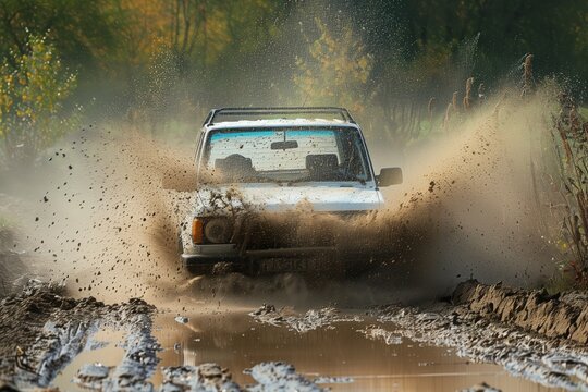 4x4 driving through mud puddle, splashing water