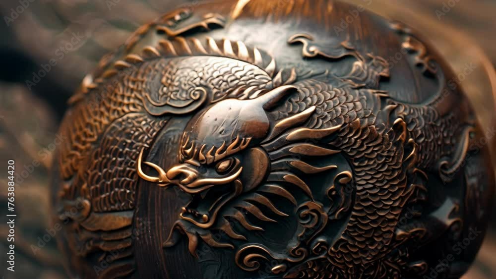 Poster the intricate designs and engravings on a tai chi ball used for improving focus and coordination hig