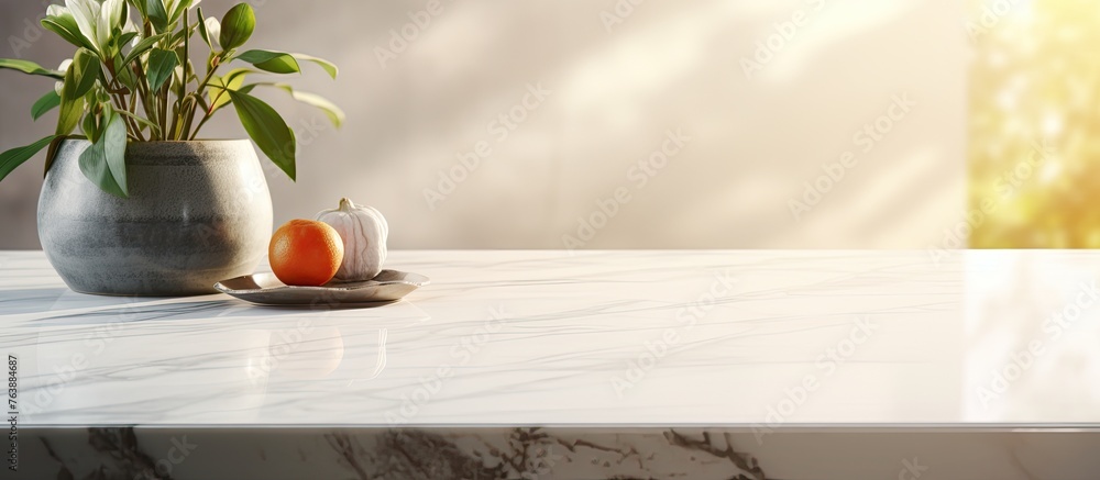 Aufkleber a simple table setting featuring a vase with a green plant and two oranges placed on it