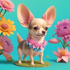 Generative AI image of cute Chihuahua dog with decorated flowers splash. poster for dog lovers all the breeds. beautiful dog art for your beloved dogs. memory for lifetime. 