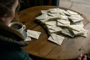 person at a cafe with a coffee cup and a pile of envelopes on table
