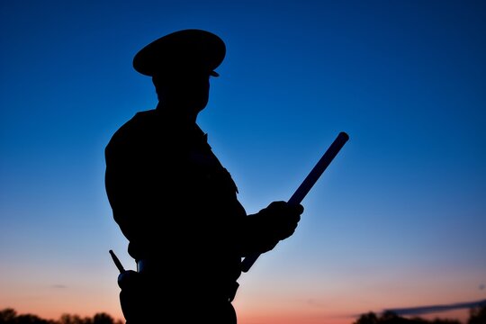 photo of an officers silhouette holding a baton at dusk