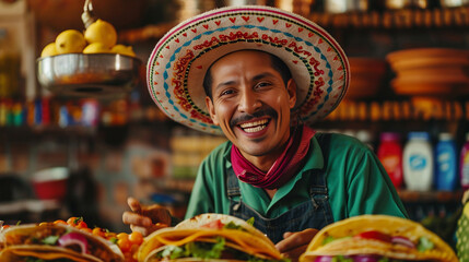 Mexican man with local food - obrazy, fototapety, plakaty