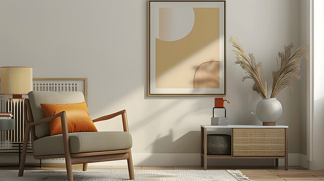 a minimalist living room scene to be used as a mockup for an A4 sized print which should be the focal point . The picture frame should be no larger than 12inches tall.