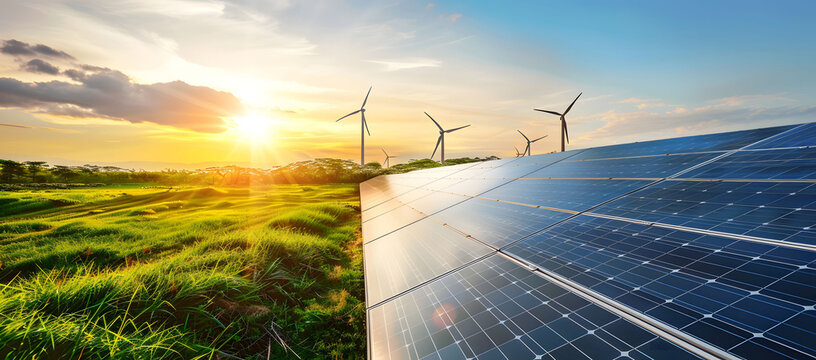 A solar panel farm stands in an open field with wind turbines in the background, symbolizing the advancement of green energy and sustainable development. Beautiful green energy landscape.